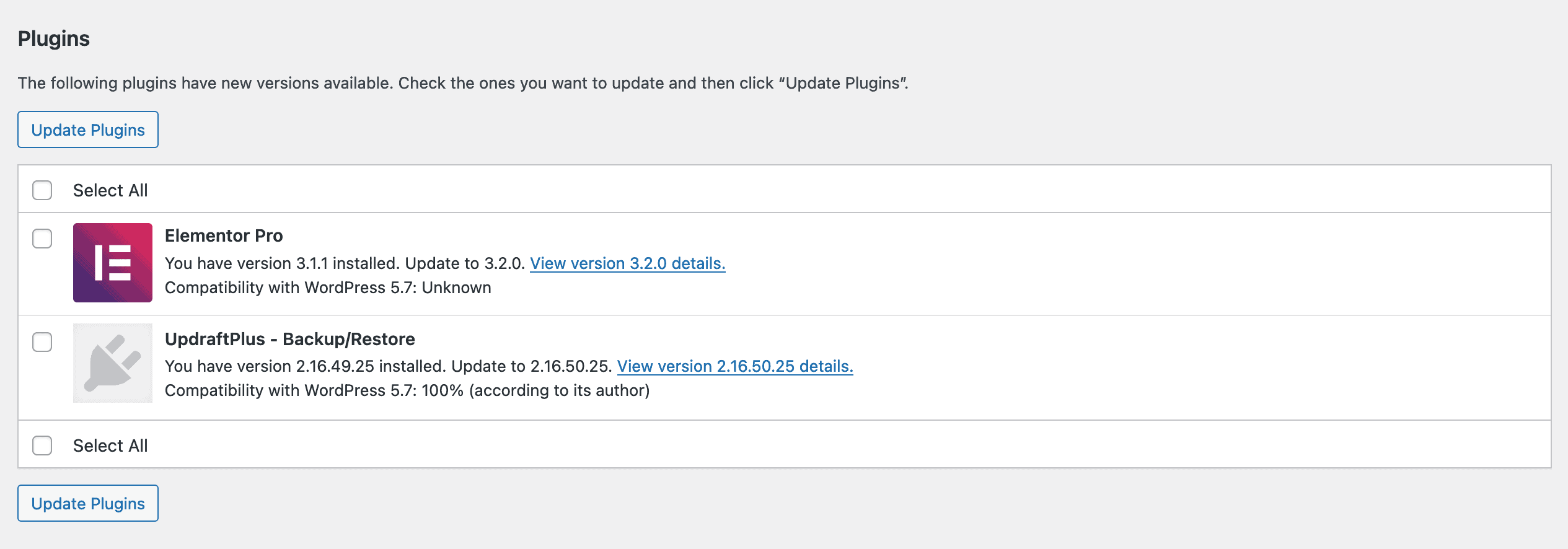 Plugins to update on the dashboard under updates
