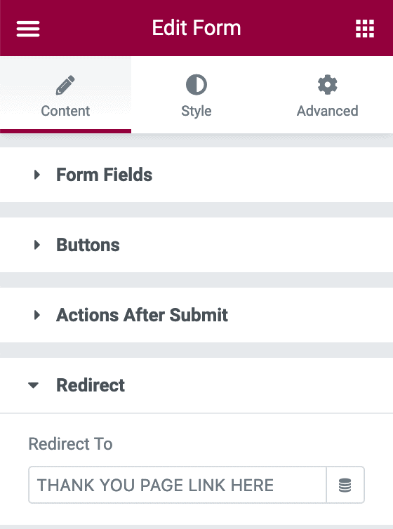 Elementor form settings - enter the link to your thank you page under Redirect