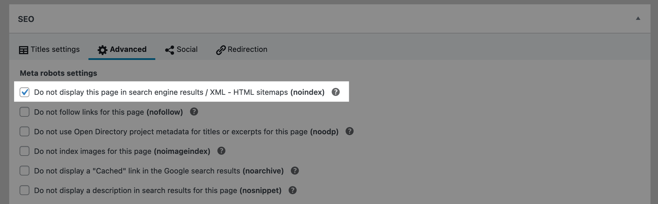 SEOPress settings to noindex a page