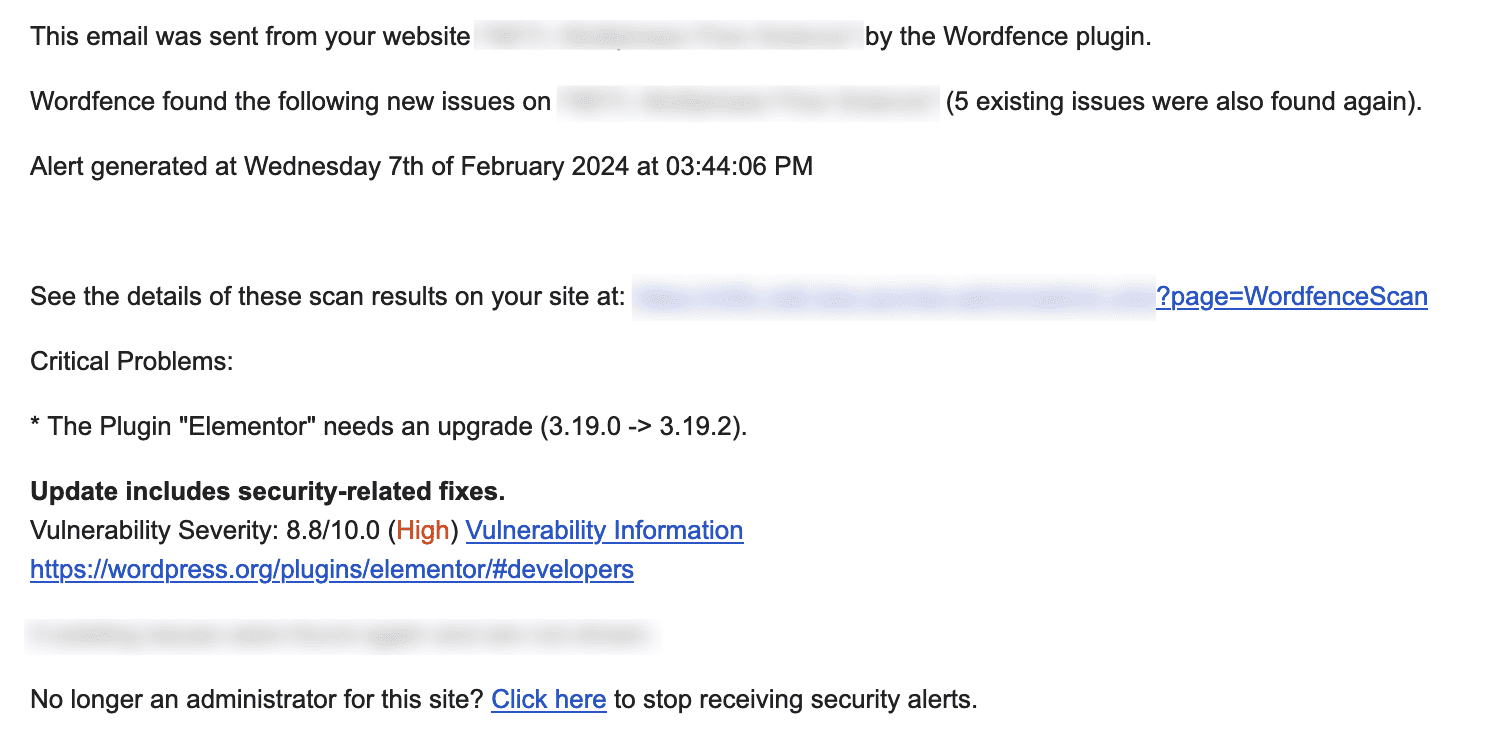 Email from Wordfence about plugins with vulnerabilities.